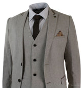 Herrkostym i tweed med fiskbensmönster, 3-delad kostym i sammetsdetaljer, klassisk vintage-modell, slim fit, beige