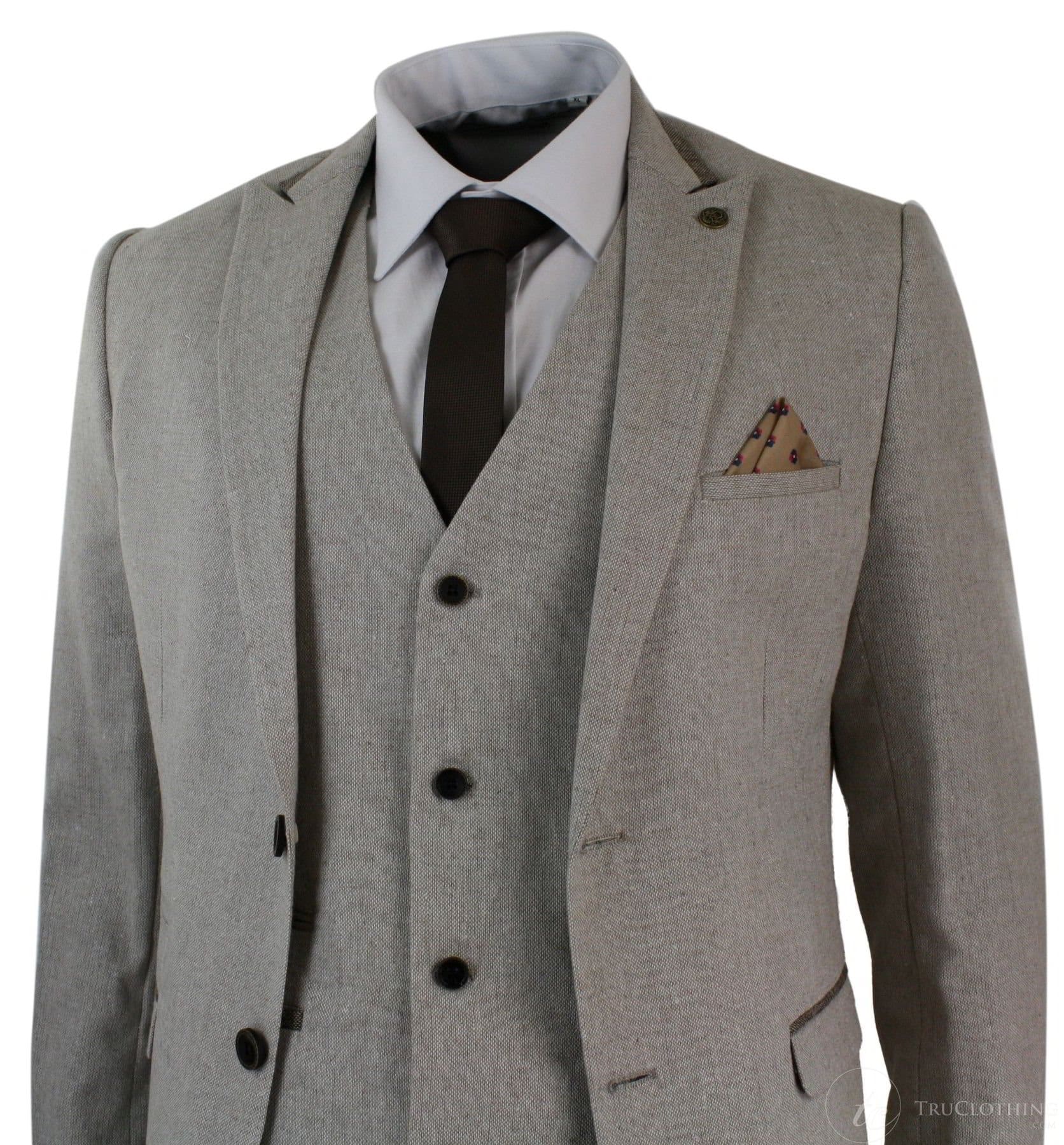 Herrkostym i tweed med fiskbensmönster, 3-delad kostym i sammetsdetaljer, klassisk vintage-modell, slim fit, beige
