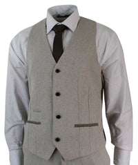 Herrkostym i tweed med fiskbensmönster, 3-delad kostym i sammetsdetaljer, klassisk vintage-modell, slim fit, beige