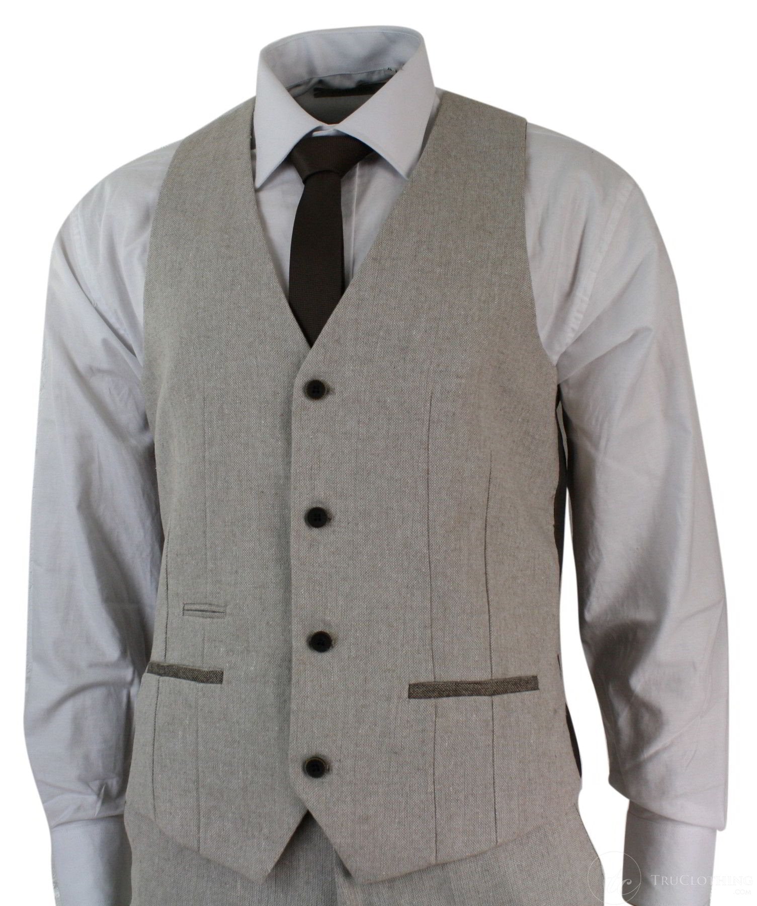 Herrkostym i tweed med fiskbensmönster, 3-delad kostym i sammetsdetaljer, klassisk vintage-modell, slim fit, beige