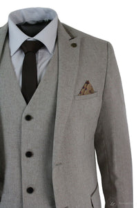 Herrkostym i tweed med fiskbensmönster, 3-delad kostym i sammetsdetaljer, klassisk vintage-modell, slim fit, beige