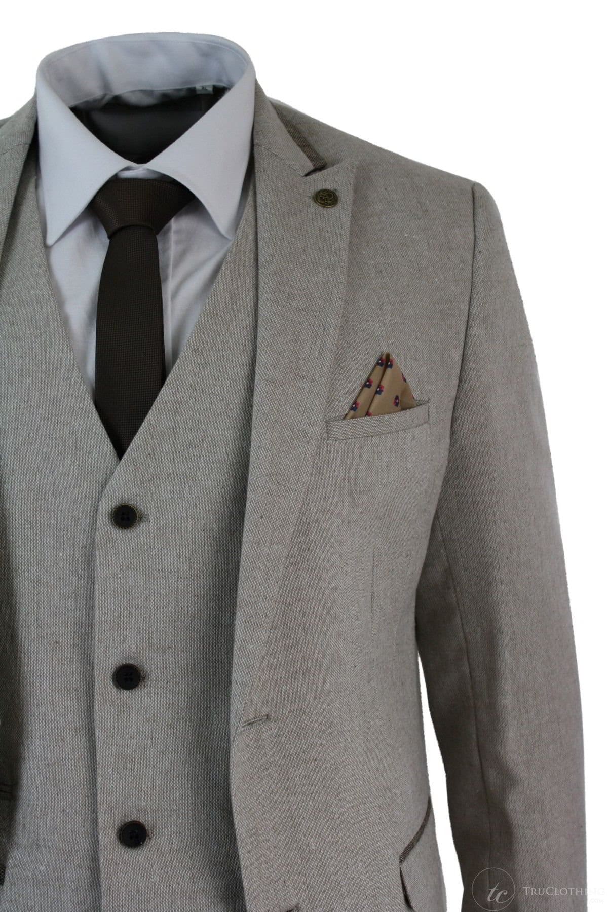 Herrkostym i tweed med fiskbensmönster, 3-delad kostym i sammetsdetaljer, klassisk vintage-modell, slim fit, beige