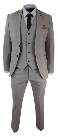 Herrkostym i tweed med fiskbensmönster, 3-delad kostym i sammetsdetaljer, klassisk vintage-modell, slim fit, beige