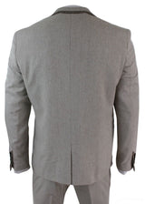 Herrkostym i tweed med fiskbensmönster, 3-delad kostym i sammetsdetaljer, klassisk vintage-modell, slim fit, beige