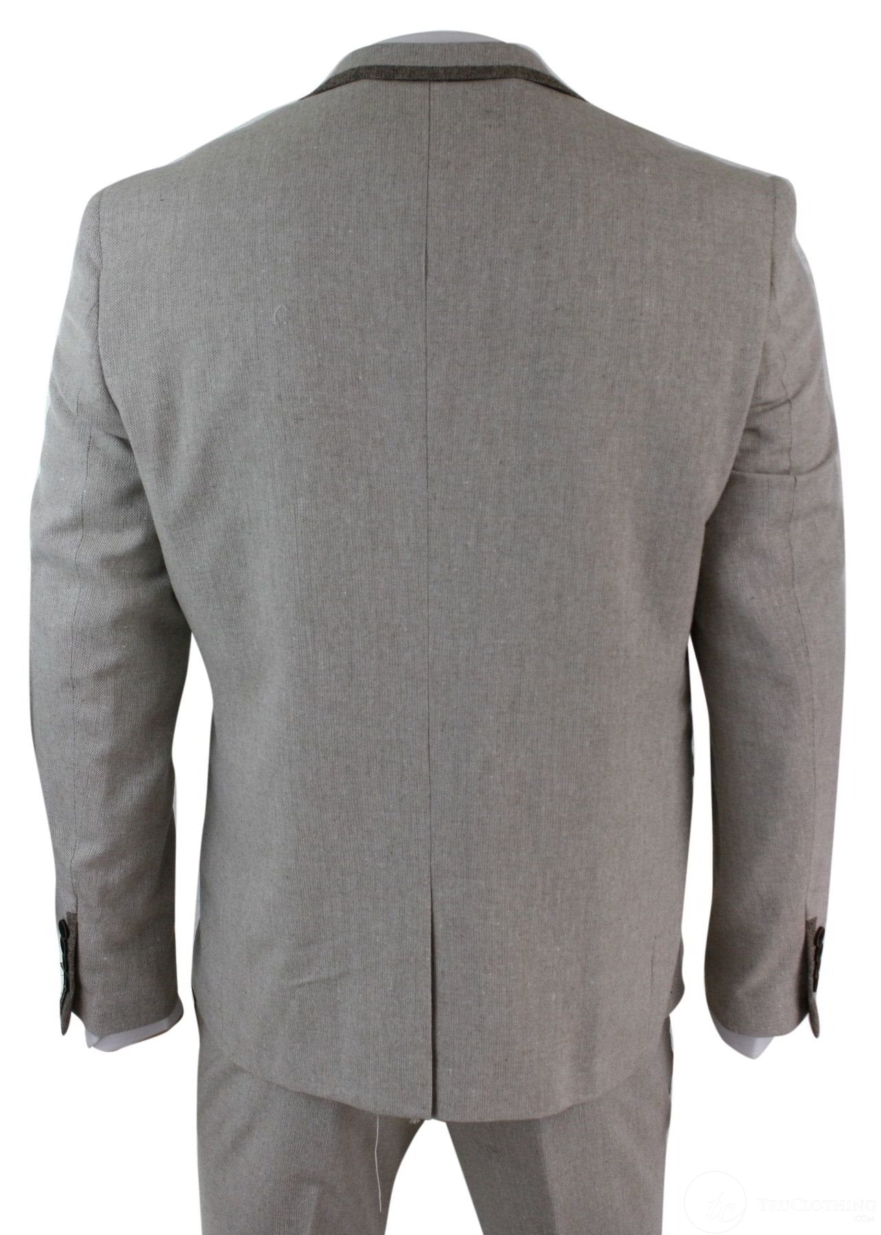 Herrkostym i tweed med fiskbensmönster, 3-delad kostym i sammetsdetaljer, klassisk vintage-modell, slim fit, beige