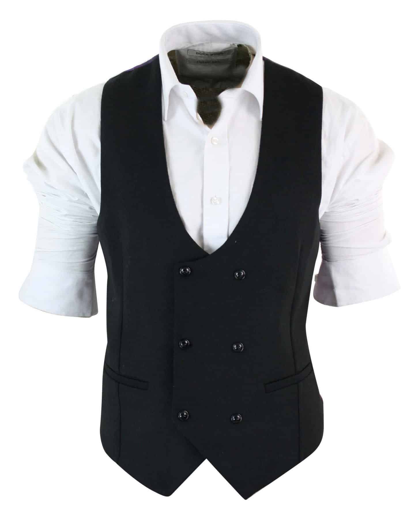 Herr Dubbelknäppt Filt Tweed Vintage Retro Klassisk Väst Slim Fit Fiskbensmönstrad-Melton DBC Svart