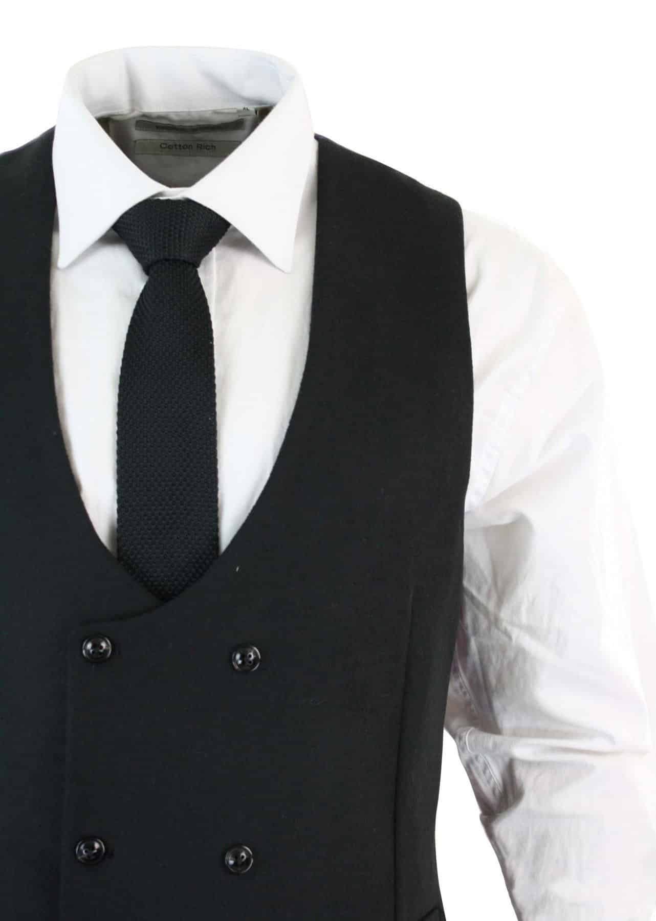 Herr Dubbelknäppt Filt Tweed Vintage Retro Klassisk Väst Slim Fit Fiskbensmönstrad-Melton DBC Svart