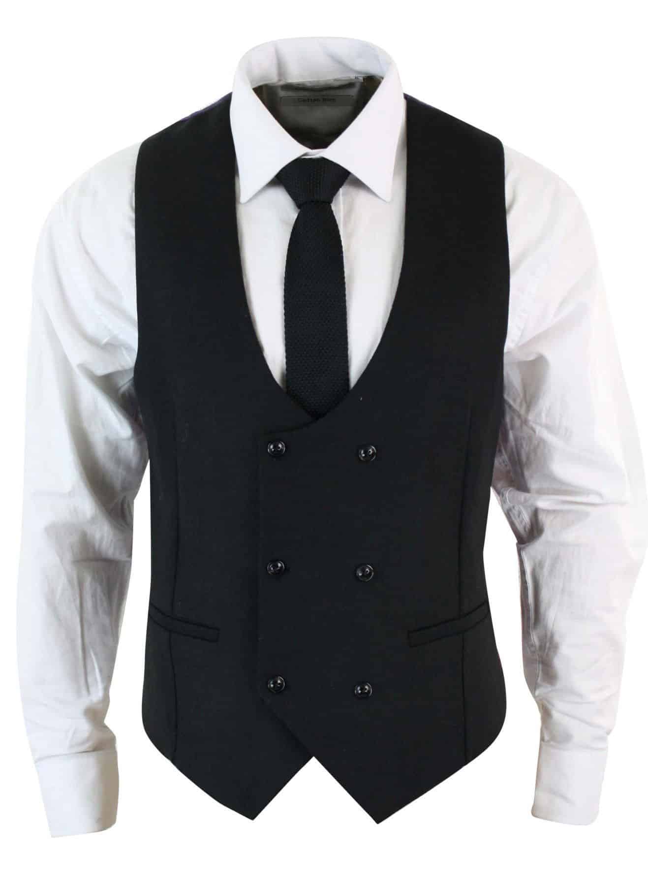 Herr Dubbelknäppt Filt Tweed Vintage Retro Klassisk Väst Slim Fit Fiskbensmönstrad-Melton DBC Svart