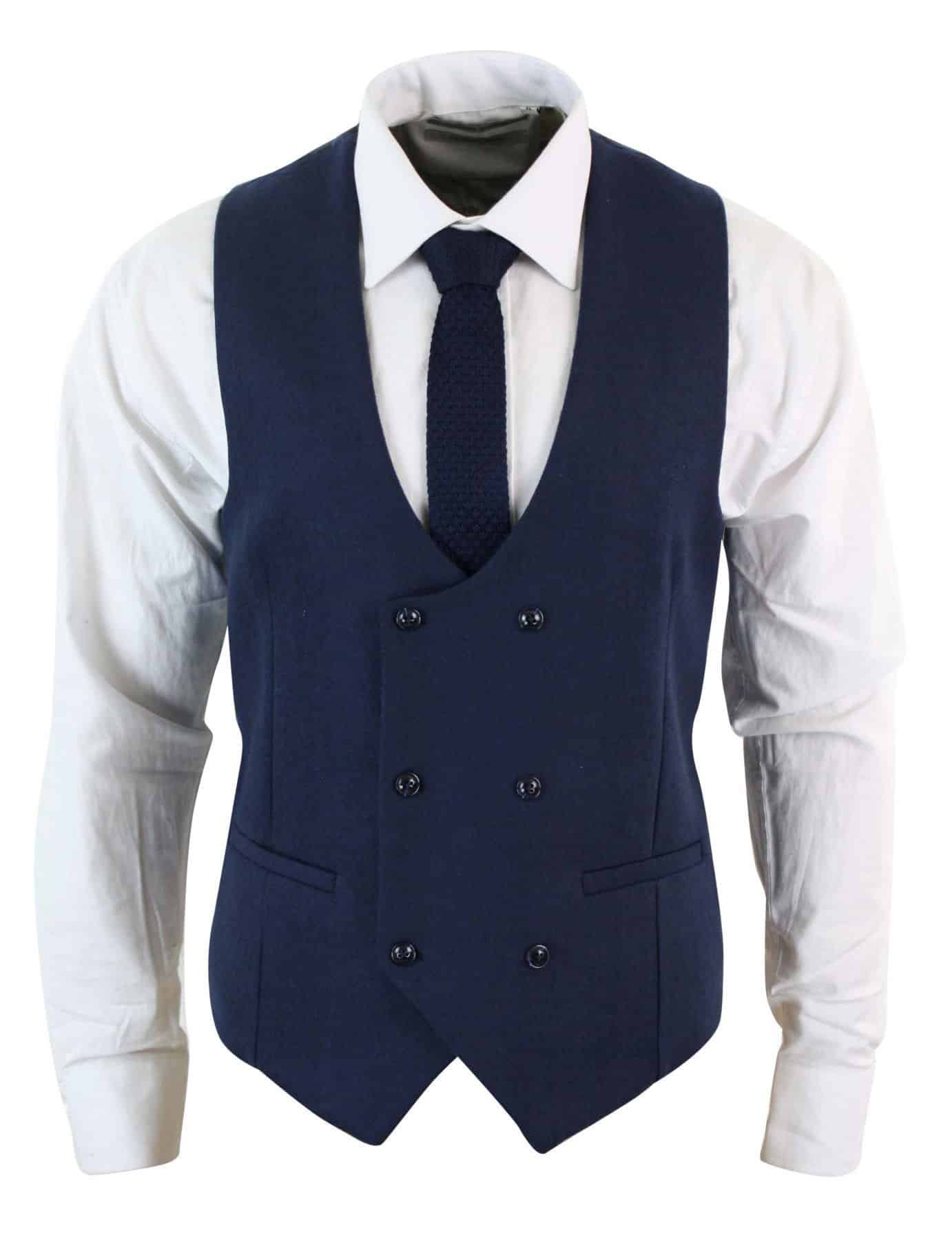 Herr Dubbelknäppt Filt Tweed Vintage Retro Klassisk Väst Slim Fit Fiskbensmönstrad-Melton DBC Blå