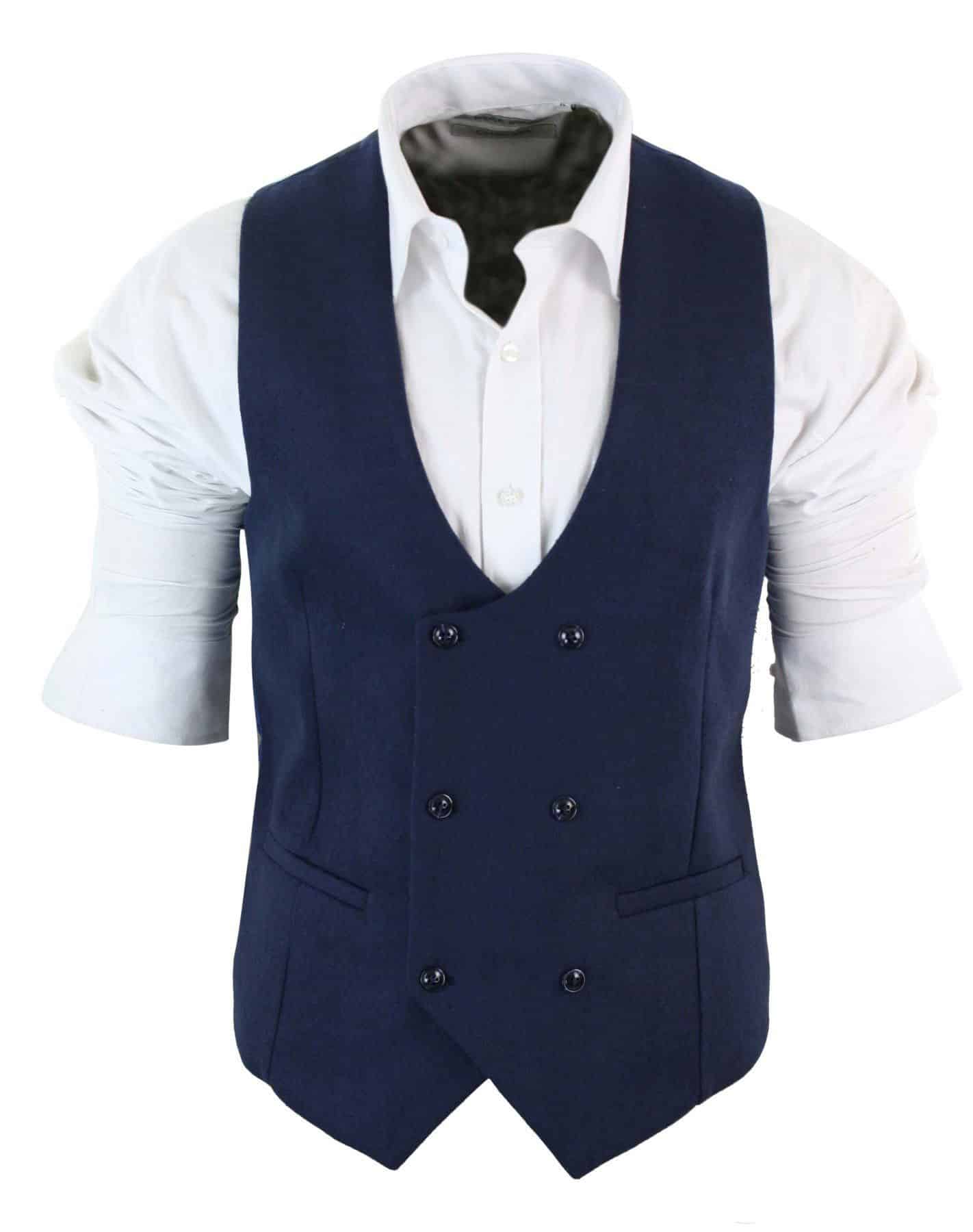 Herr Dubbelknäppt Filt Tweed Vintage Retro Klassisk Väst Slim Fit Fiskbensmönstrad-Melton DBC Blå