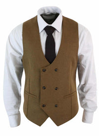 Herr Dubbelknäppt Filtväst i Tweed, Vintage Retro Klassisk, Slim Fit, Fiskbensmönstrad - Melton DBC Brun