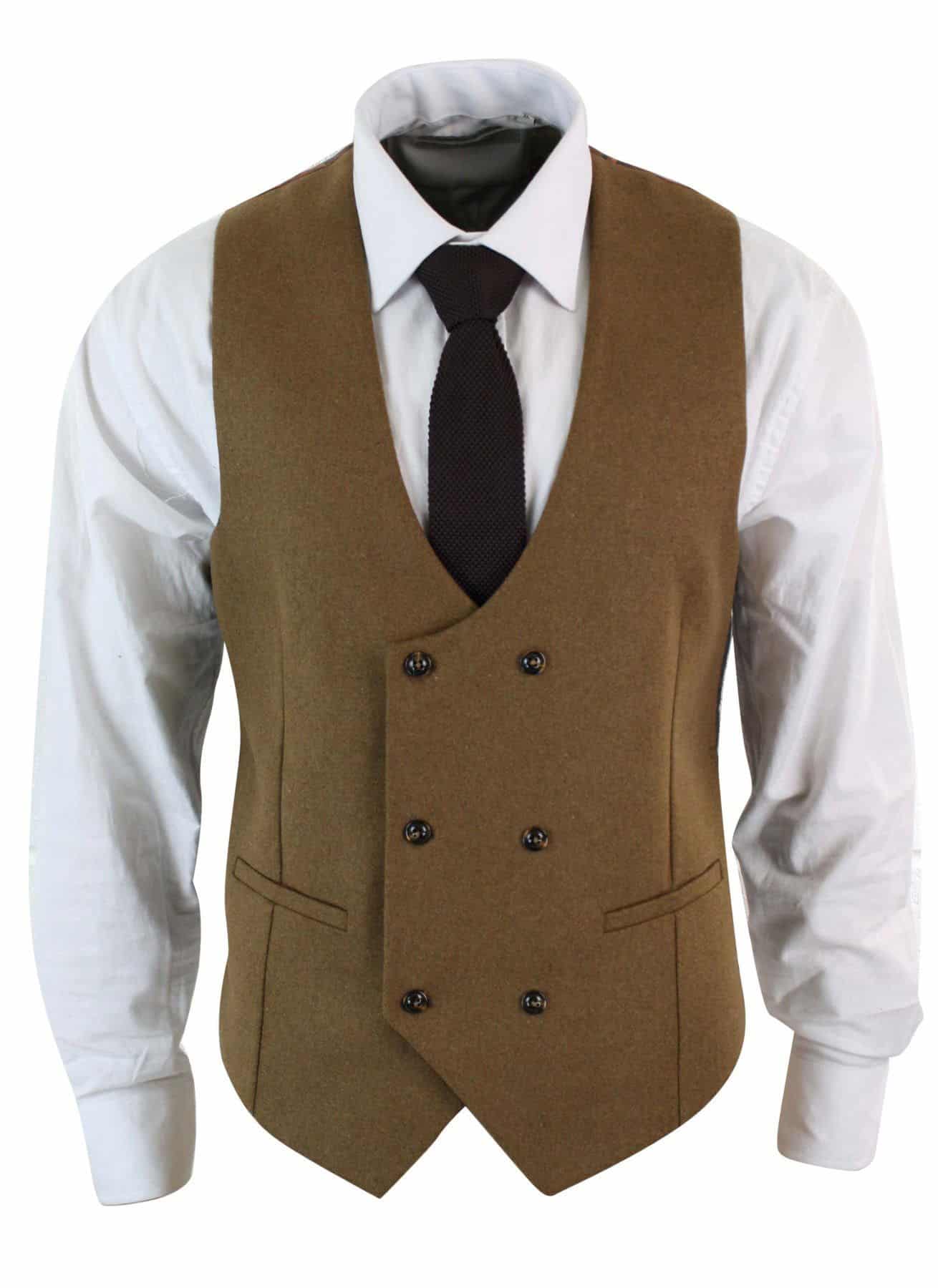 Herr Dubbelknäppt Filtväst i Tweed, Vintage Retro Klassisk, Slim Fit, Fiskbensmönstrad - Melton DBC Brun