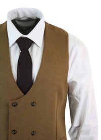 Herr Dubbelknäppt Filtväst i Tweed, Vintage Retro Klassisk, Slim Fit, Fiskbensmönstrad - Melton DBC Brun