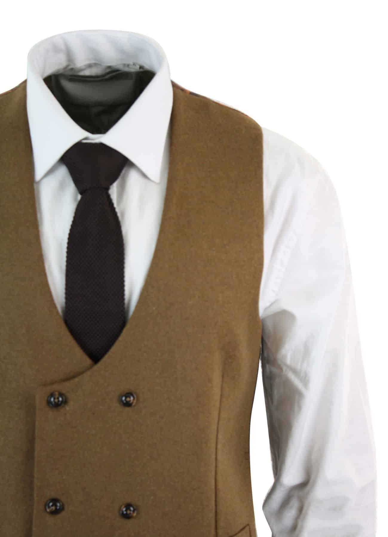 Herr Dubbelknäppt Filtväst i Tweed, Vintage Retro Klassisk, Slim Fit, Fiskbensmönstrad - Melton DBC Brun