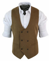 Herr Dubbelknäppt Filtväst i Tweed, Vintage Retro Klassisk, Slim Fit, Fiskbensmönstrad - Melton DBC Brun