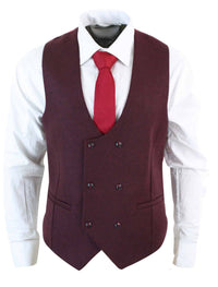 Dubbelknäppt filtväst i tweed, vintage retro, klassisk, slim fit, fiskbensmönstrad - Melton DBC vinröd