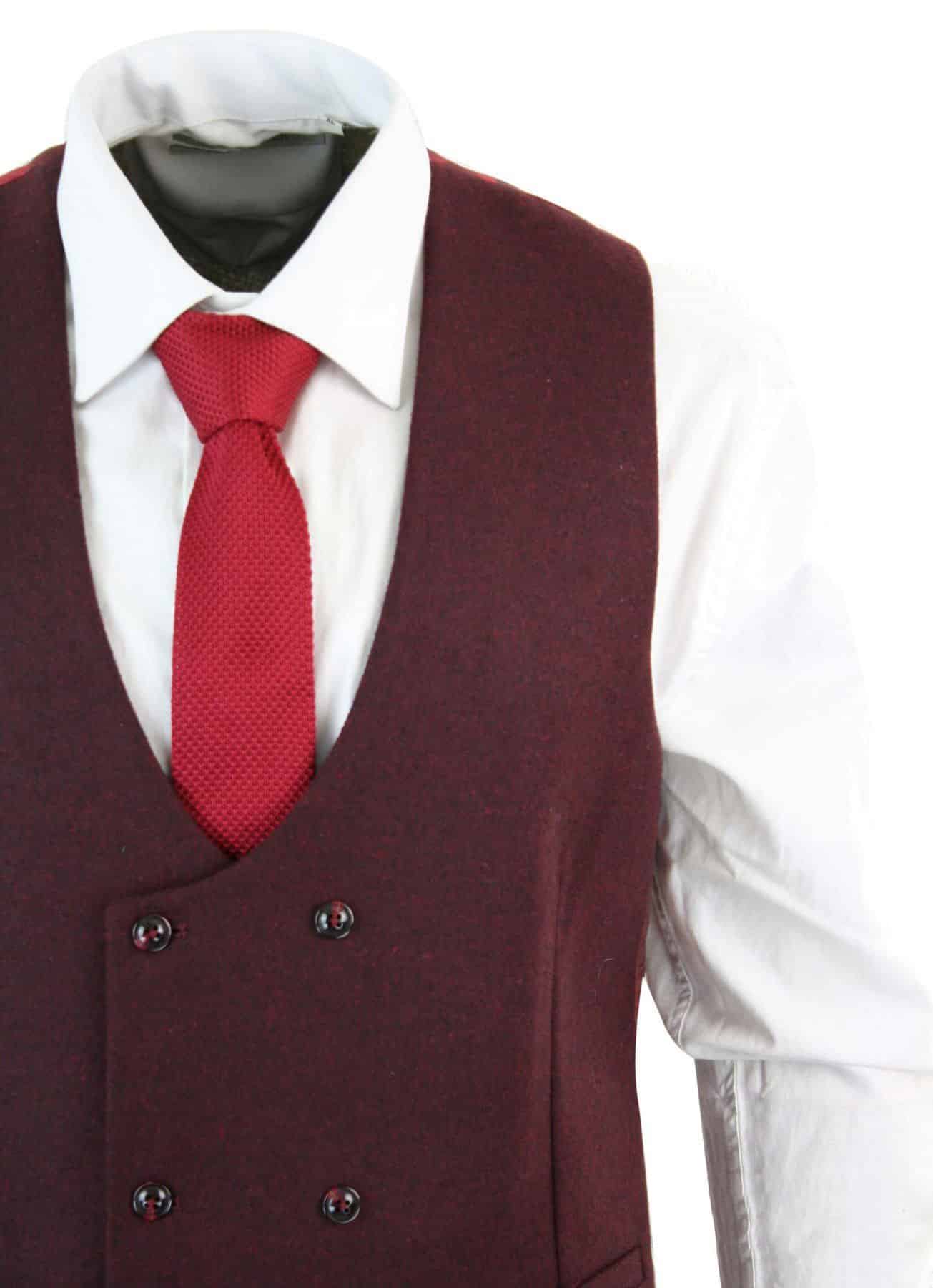 Dubbelknäppt filtväst i tweed, vintage retro, klassisk, slim fit, fiskbensmönstrad - Melton DBC vinröd
