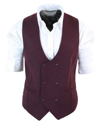 Dubbelknäppt filtväst i tweed, vintage retro, klassisk, slim fit, fiskbensmönstrad - Melton DBC vinröd