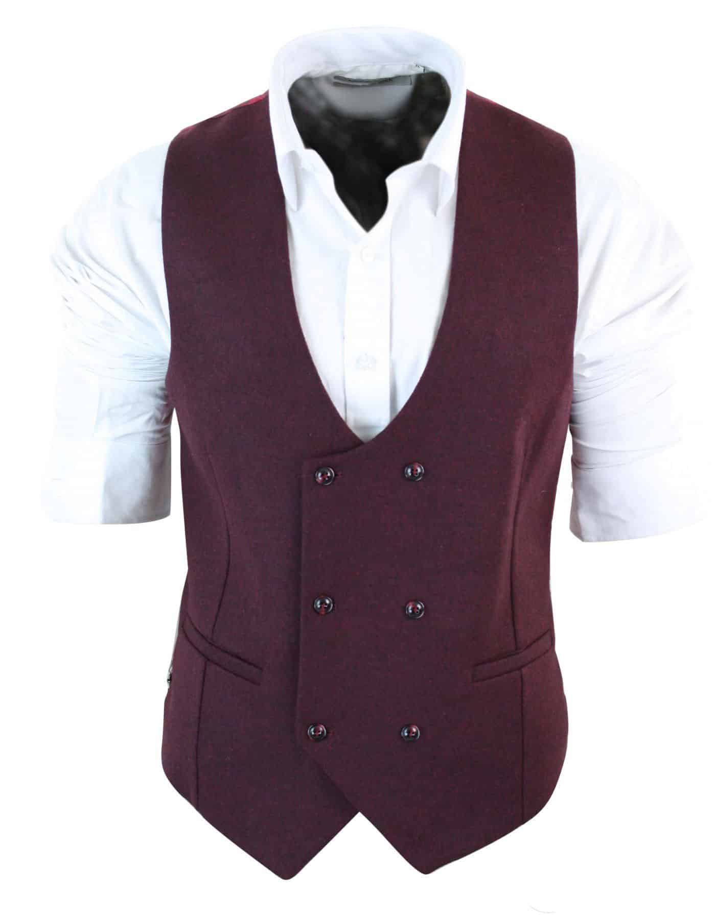 Dubbelknäppt filtväst i tweed, vintage retro, klassisk, slim fit, fiskbensmönstrad - Melton DBC vinröd