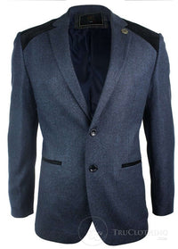 Marinblå Vintage Tweed Kavaj Svart Sammetsarmbåge Smart Casual Herr