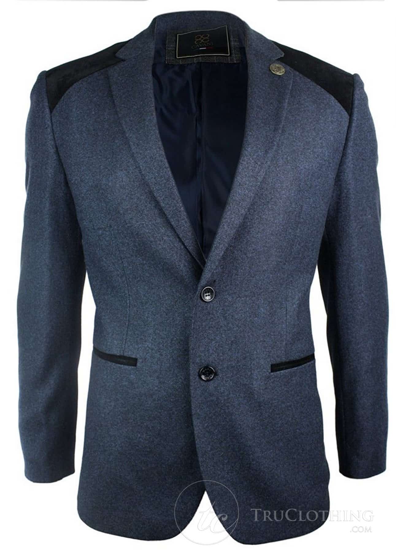 Marinblå Vintage Tweed Kavaj Svart Sammetsarmbåge Smart Casual Herr