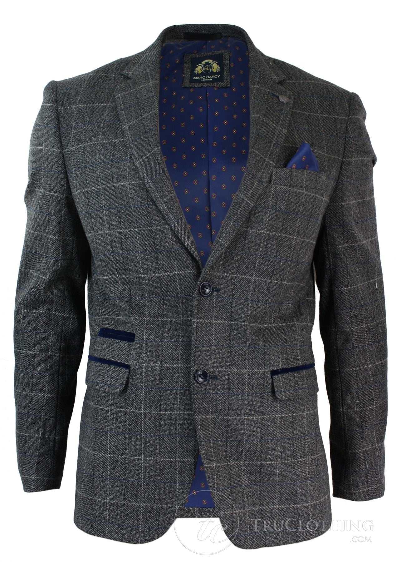 Herr Grårutig Fiskbensmönstrad Tweed Vintage Fit Kavaj Blå Sammetskant-Grå