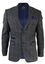 Herr Grårutig Fiskbensmönstrad Tweed Vintage Fit Kavaj Blå Sammetskant-Grå