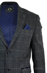 Herr Grårutig Fiskbensmönstrad Tweed Vintage Fit Kavaj Blå Sammetskant-Grå