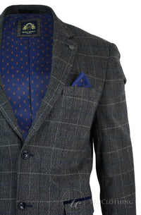 Herr Grårutig Fiskbensmönstrad Tweed Vintage Fit Kavaj Blå Sammetskant-Grå