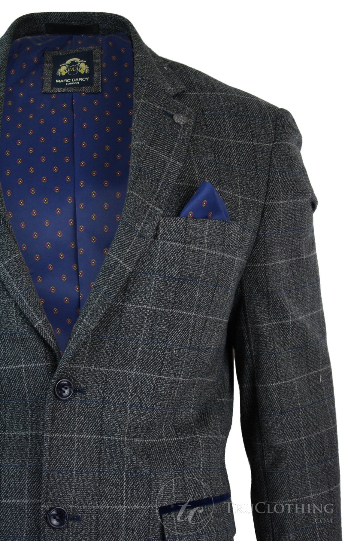 Herr Grårutig Fiskbensmönstrad Tweed Vintage Fit Kavaj Blå Sammetskant-Grå