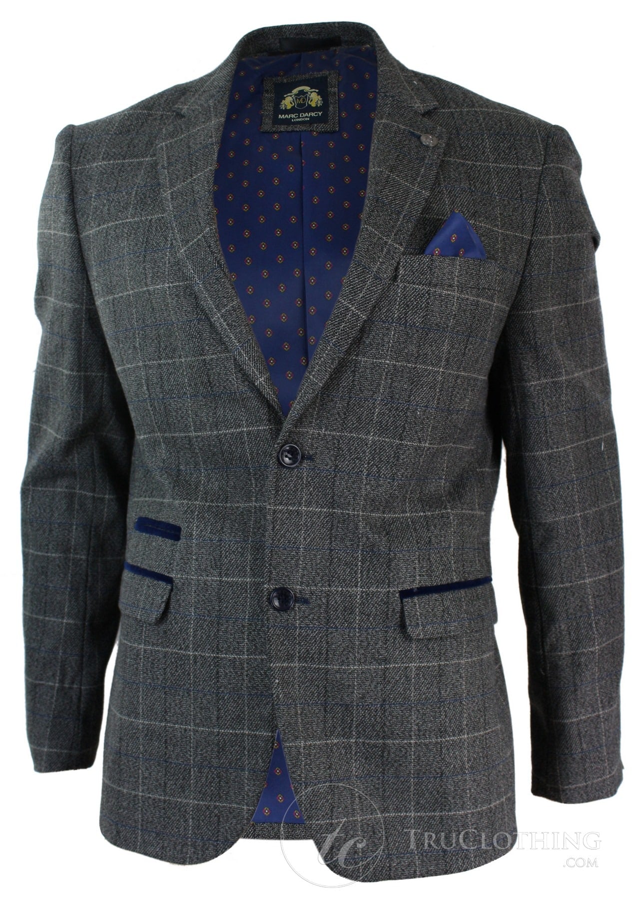 Herr Grårutig Fiskbensmönstrad Tweed Vintage Fit Kavaj Blå Sammetskant-Grå