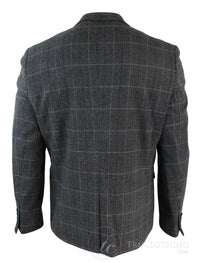 Herr Grårutig Fiskbensmönstrad Tweed Vintage Fit Kavaj Blå Sammetskant-Grå