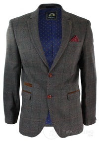 Herr Grårutig Fiskbensmönstrad Tweed Vintage Fit Kavaj Blå Sammetskant-Ljusbrun