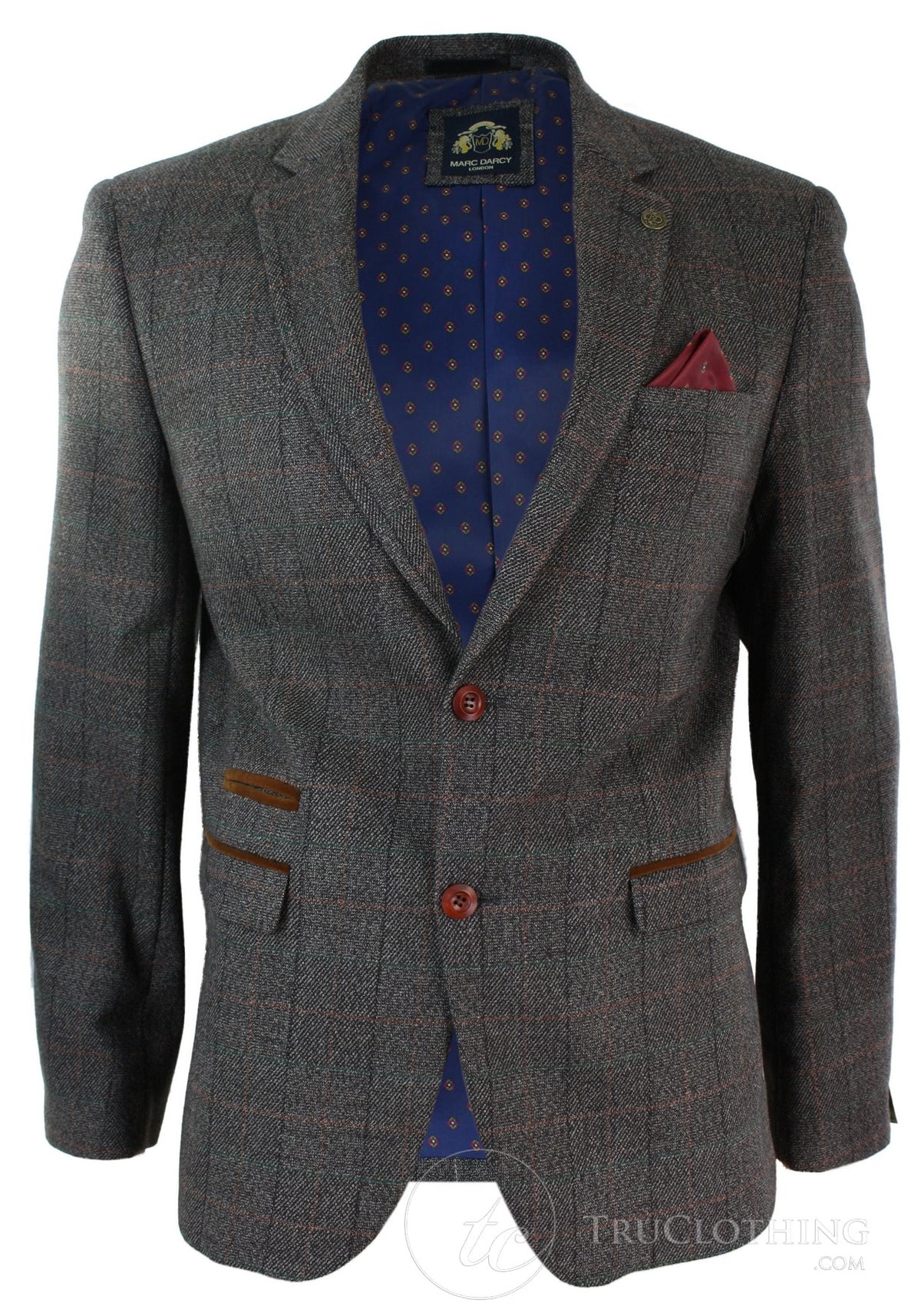 Herr Grårutig Fiskbensmönstrad Tweed Vintage Fit Kavaj Blå Sammetskant-Ljusbrun