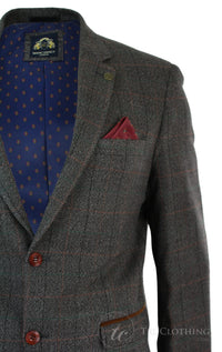 Herr Grårutig Fiskbensmönstrad Tweed Vintage Fit Kavaj Blå Sammetskant-Ljusbrun