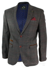 Herr Grårutig Fiskbensmönstrad Tweed Vintage Fit Kavaj Blå Sammetskant-Ljusbrun