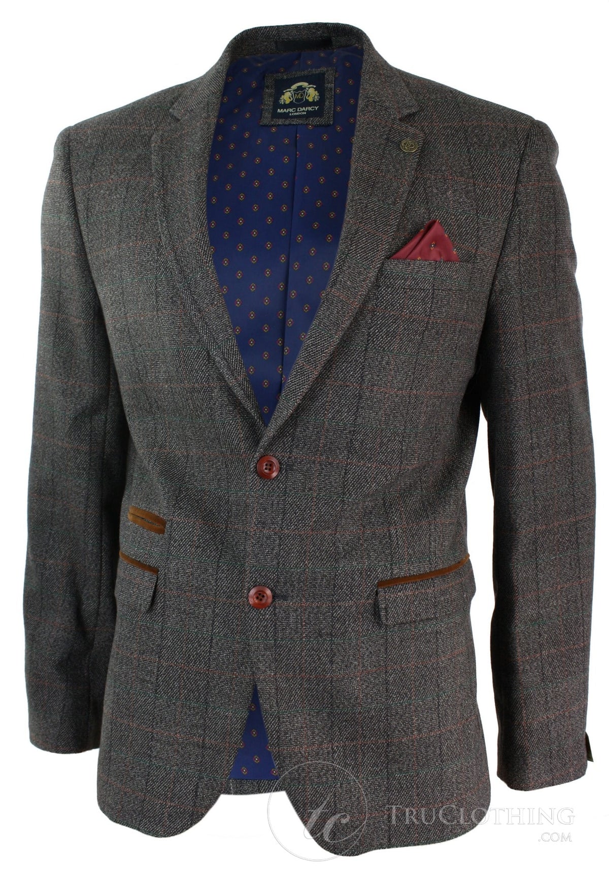 Herr Grårutig Fiskbensmönstrad Tweed Vintage Fit Kavaj Blå Sammetskant-Ljusbrun