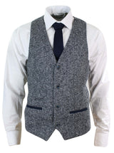 Herr Grå Blå Fiskbensmönstrad Tweed Slim Fit Grov Väst Kavaj Smart Casual