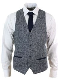 Herr Grå Blå Fiskbensmönstrad Tweed Slim Fit Grov Väst Kavaj Smart Casual