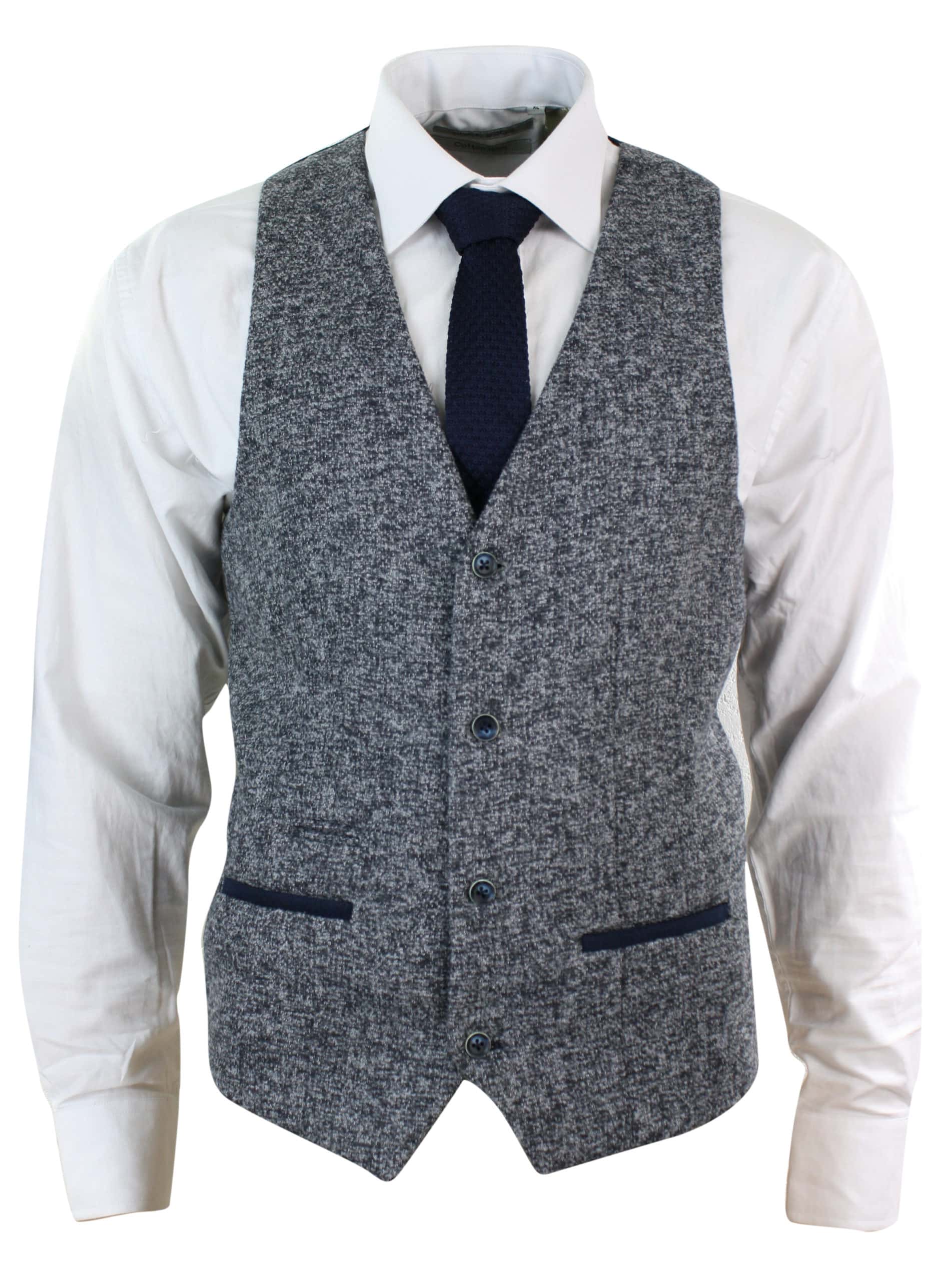 Herr Grå Blå Fiskbensmönstrad Tweed Slim Fit Grov Väst Kavaj Smart Casual