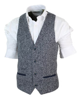 Herr Grå Blå Fiskbensmönstrad Tweed Slim Fit Grov Väst Kavaj Smart Casual