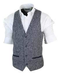 Herr Grå Blå Fiskbensmönstrad Tweed Slim Fit Grov Väst Kavaj Smart Casual