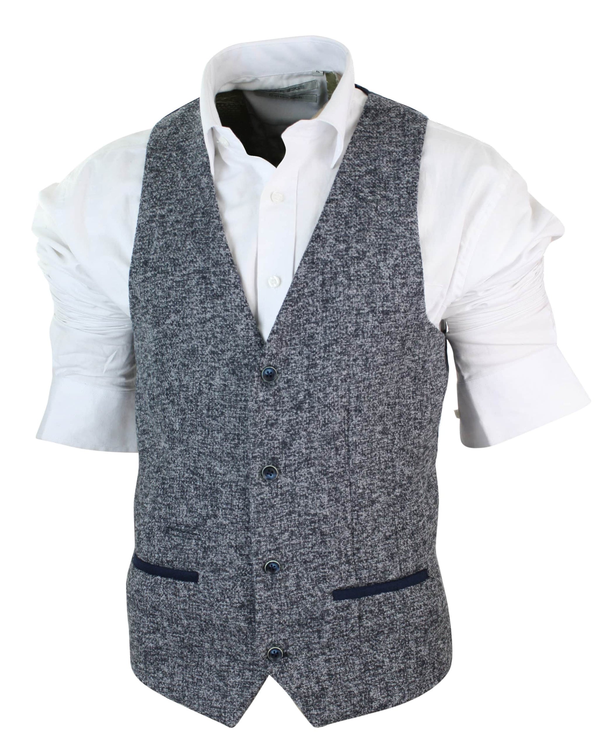Herr Grå Blå Fiskbensmönstrad Tweed Slim Fit Grov Väst Kavaj Smart Casual
