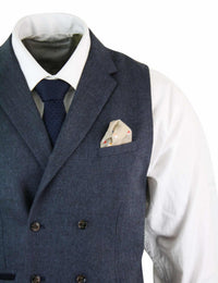 Cavani Martez - Herr Fiskbensmönstrad Tweed Gatsby Peaky Blinders Klassisk Dubbelknäppt Väst - Blå