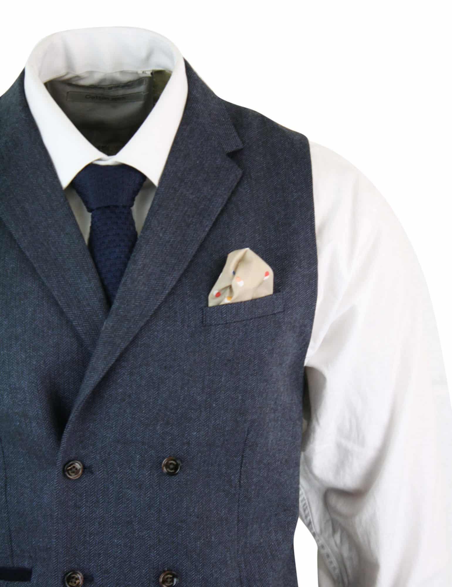 Cavani Martez - Herr Fiskbensmönstrad Tweed Gatsby Peaky Blinders Klassisk Dubbelknäppt Väst - Blå