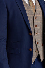 Mayfair marinblå texturerad kostym med Harris brun tweedkontrastväst