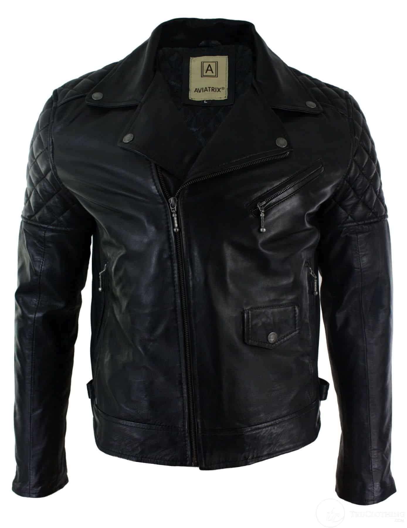 Äkta Läder Herr Bikerjacka med Dragkedja, Svart Skräddarsydd Passform Retro Casual