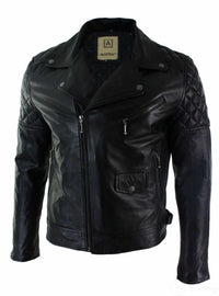 Äkta Läder Herr Bikerjacka med Dragkedja, Svart Skräddarsydd Passform Retro Casual
