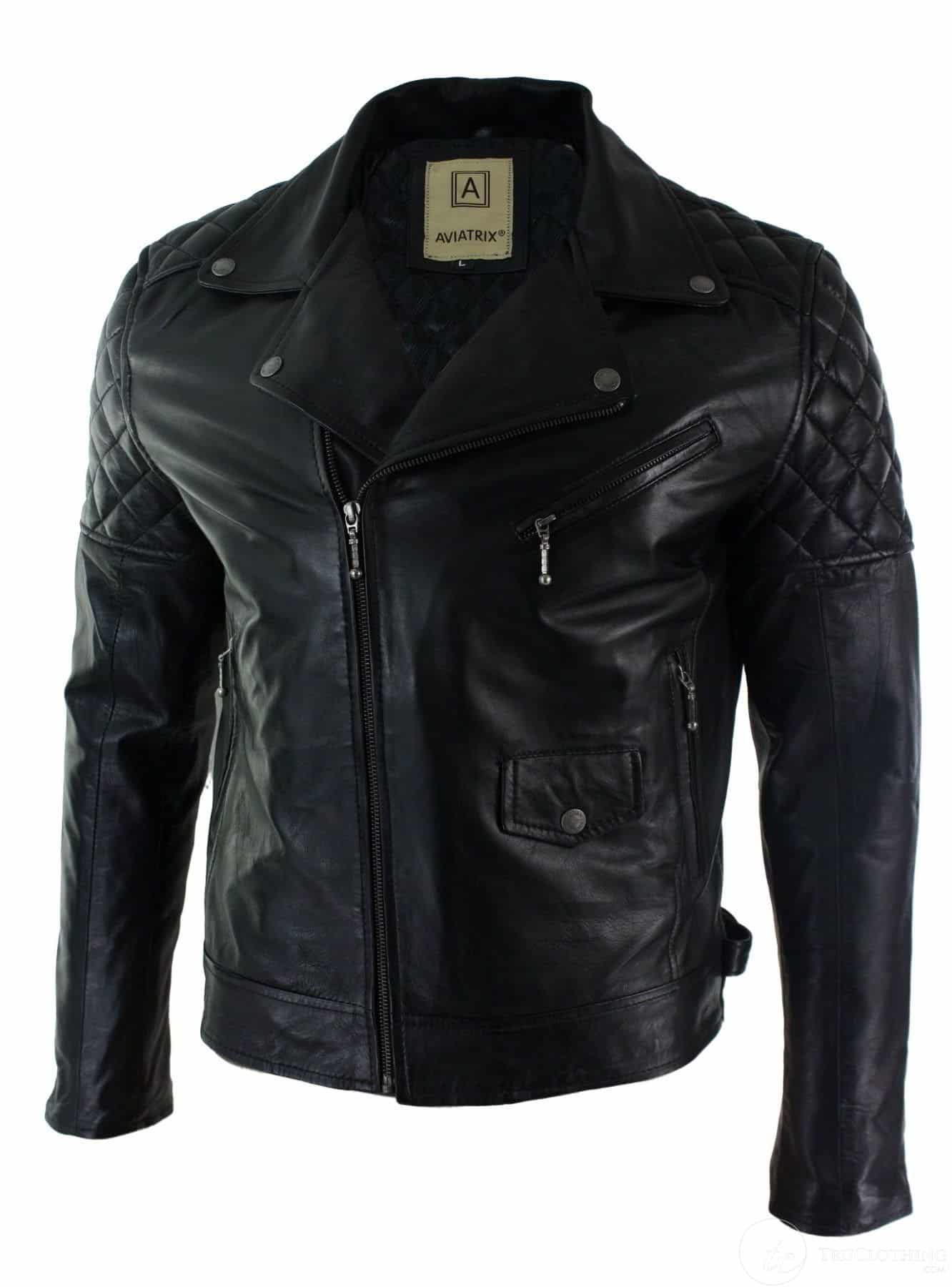 Äkta Läder Herr Bikerjacka med Dragkedja, Svart Skräddarsydd Passform Retro Casual
