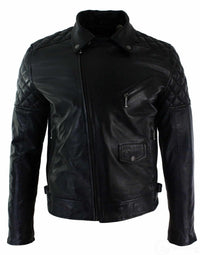 Äkta Läder Herr Bikerjacka med Dragkedja, Svart Skräddarsydd Passform Retro Casual